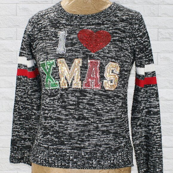 ITS OUR TIME Sweater Christmas Sequin Holiday Gray Marled Red Green Large - Picture 1 of 11